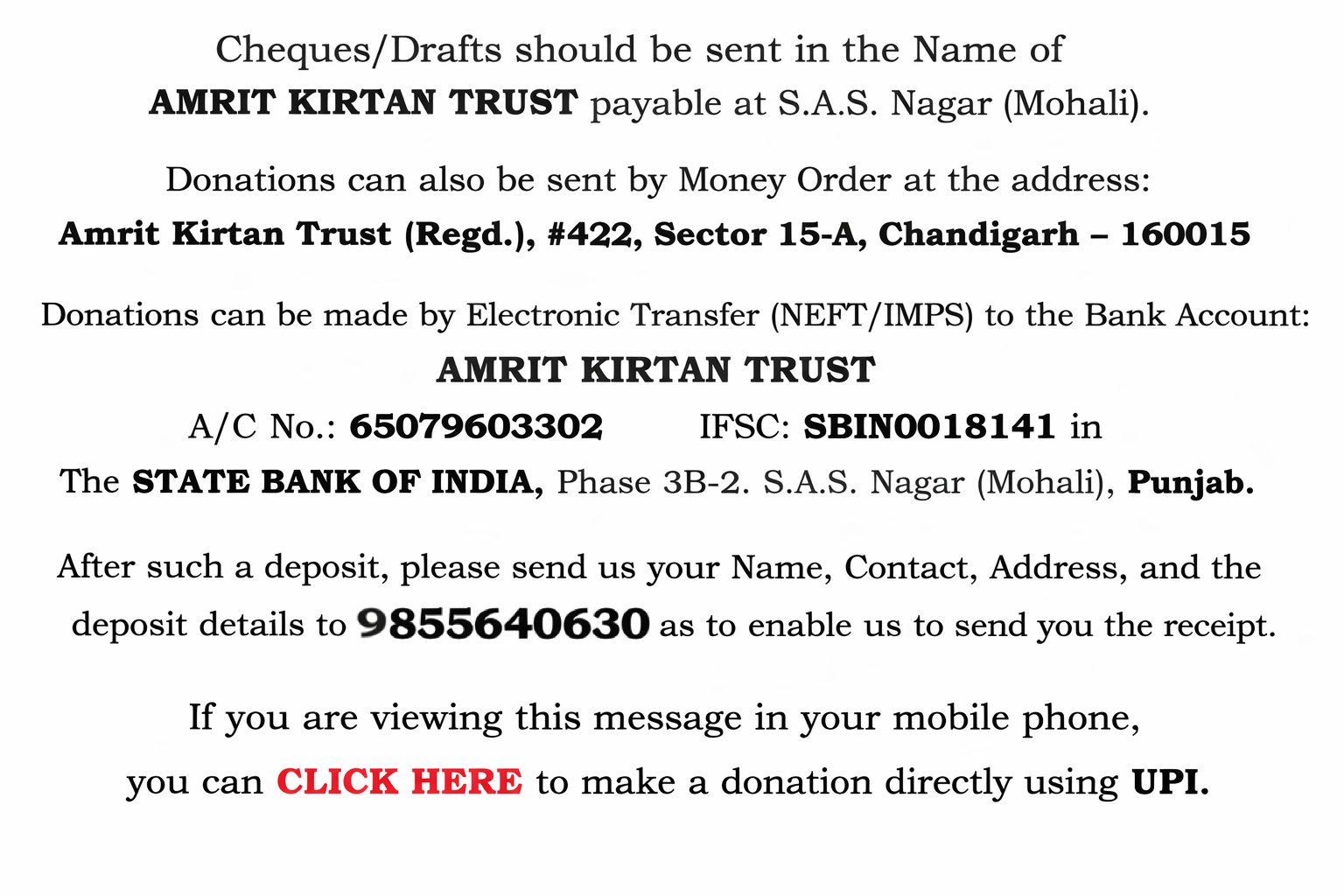 Donation If you are on your mobile device, click on the above donation message to directly donate to Amrit Kirtan Trust